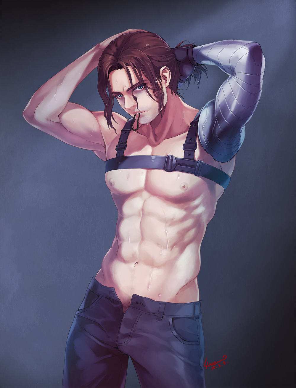 1boy, adjusting_hair, artificial_arm, boots, brown_hair, captain_america_the_winter_soldier, chest_belt, cyborg