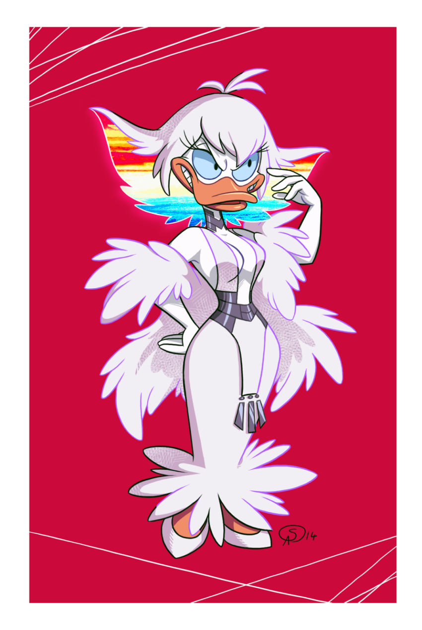 1girl, blue_sclera, breasts, disney, dress, evil_grin, evil_smile, feather_boa