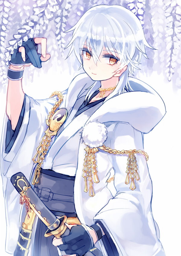 1boy, black_gloves, flower, gloves, iwashi_(sardineblue), japanese_clothes, katana, kusazuri