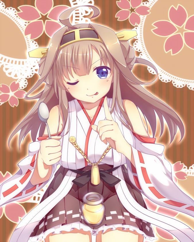 >;p, 1girl, ahoge, blue_eyes, detached_sleeves, fan_(20110507), holding, kantai_collection