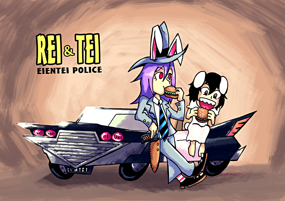 animal_ears, black_hair, brown_eyes, car, cosplay, dress, eating, food, formal, gun, hamburger, hat, holster, inaba_tewi, long_hair, motor_vehicle, multiple_girls, necktie, purple_hair, rabbit_ears, red_eyes, reisen_udongein_inaba, sam_(sam_and_max), sam_(sam_and_max)_(cosplay), sam_and_max, setz, short_hair, suit, touhou, vehicle, weapon