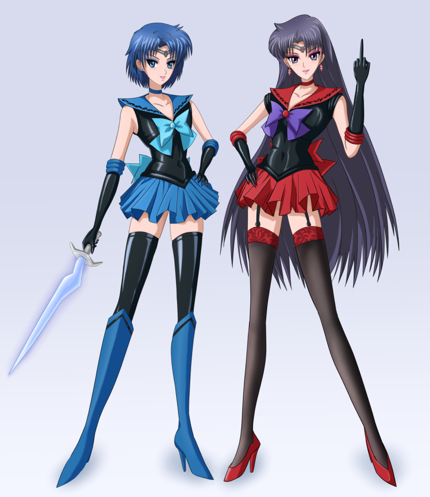 2girls, bishoujo_senshi_sailor_moon, black_hair, blue_eyes, blue_hair, boots, corruption, crystal_sword