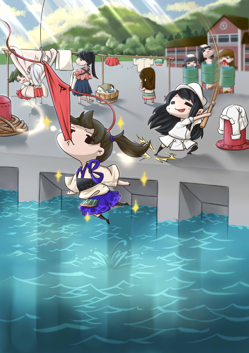 akagi_(kantai_collection), barrel, blood, clothesline, female_admiral_(kantai_collection), fishing_rod, fubuki_(kantai_collection), fundoshi