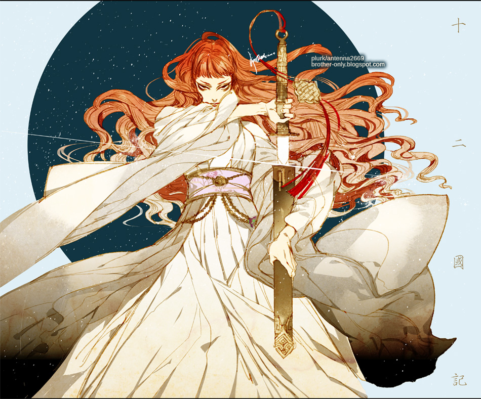 1girl, antenna_(draconian), bangs, chinese_clothes, copyright_name, floating_hair, juuni_kokuki, long_hair
