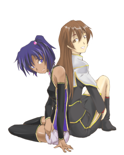 blue_hair, brown_hair, dark_skin, eki, gundam, lowres, maria_owens, multiple_girls