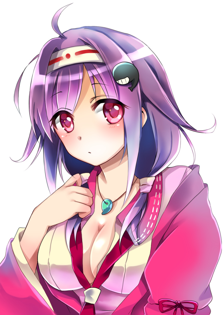 1girl, ahoge, airi_(akamichiaika), blush, breasts, cleavage, collar_tug, hair_ornament, hairclip, haori, headband, highres, japanese_clothes, kantai_collection, large_breasts, purple_hair, red_eyes, ryuuhou_(kantai_collection), simple_background, solo, taigei_(kantai_collection), upper_body, whale_hair_ornament, white_background