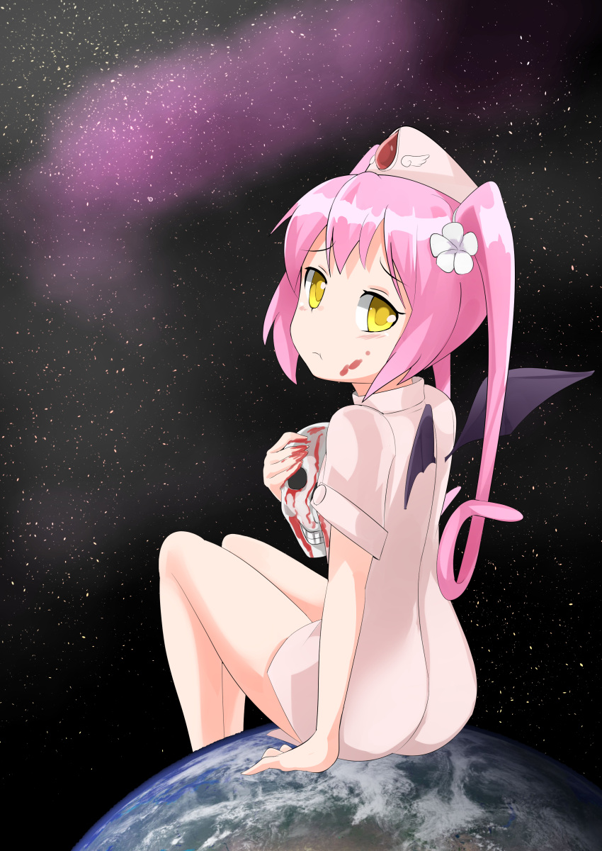 1girl, :t, absurdres, bat_wings, blood, blood_on_face, blush, borrowed_character