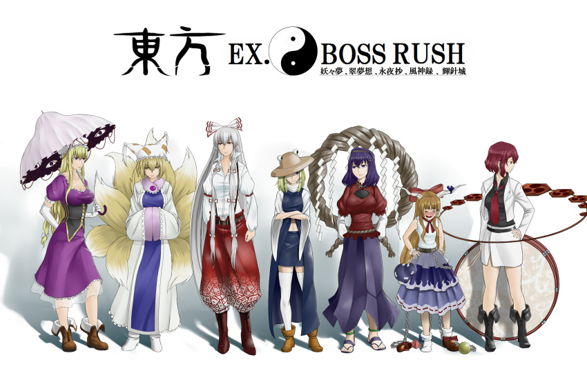 6+girls, animal_ears, blonde_hair, blush, bow, brown_hair, drum, fox_ears