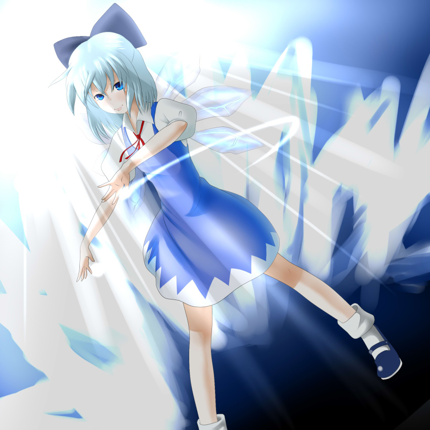 1girl, blue_eyes, blue_hair, bow, cirno, hair_bow, highres, ice