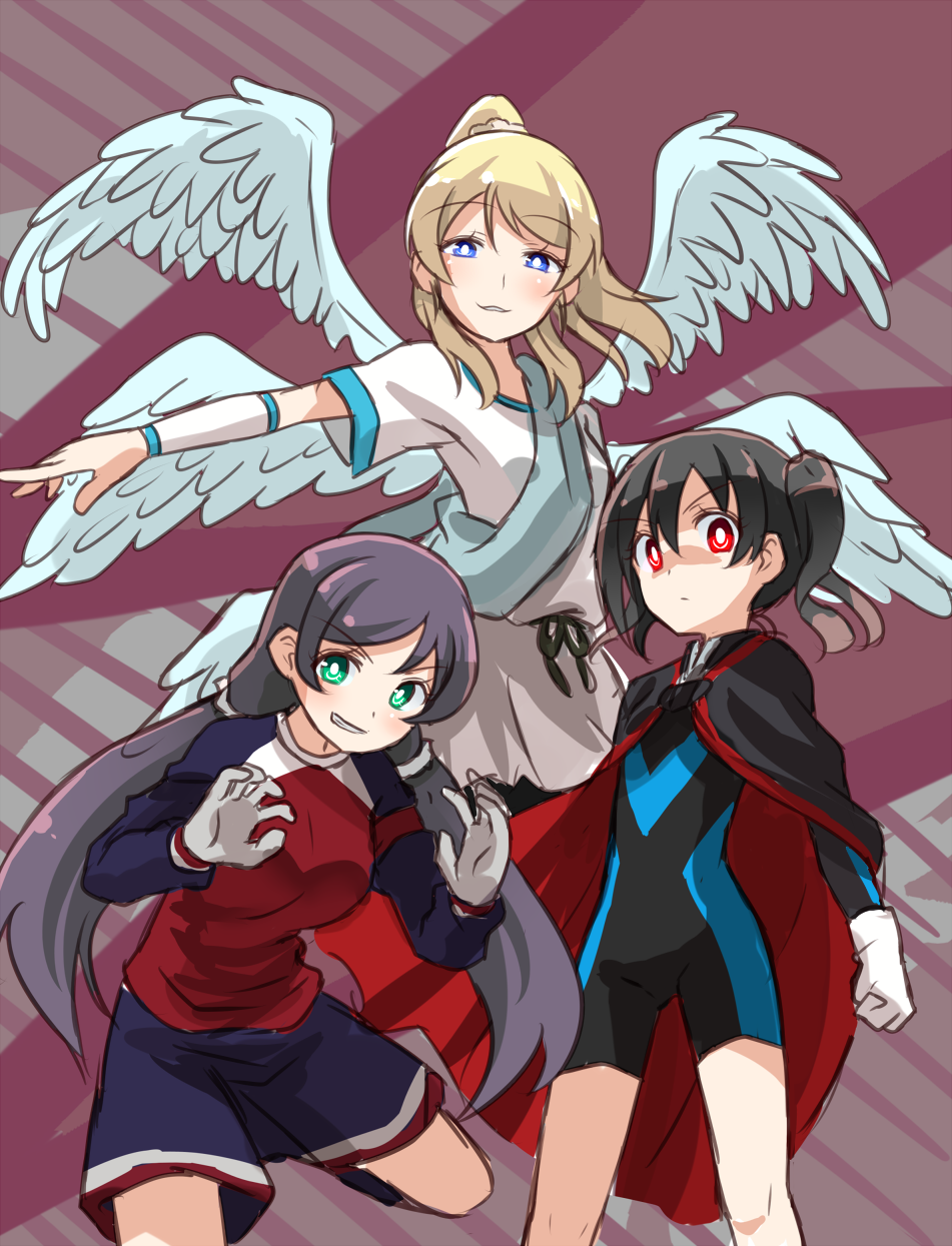 3girls, afuro_terumi, afuro_terumi_(cosplay), angel_wings, ayase_eli, black_hair, blonde_hair, blue_eyes