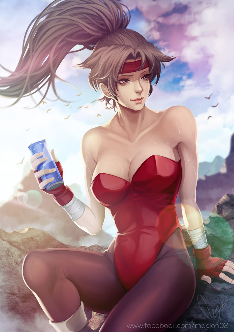 1girl, bare_shoulders, bird, breakers, breasts, brown_eyes, brown_hair, cleavage, clouds, cloudy_sky, fingerless_gloves, gloves, headband, high_ponytail, lens_flare, leotard, long_hair, magion02, outdoors, ponytail, signature, sitting, sky, soda_can, solo, sweat, sweating, tia_langray, watermark, web_address