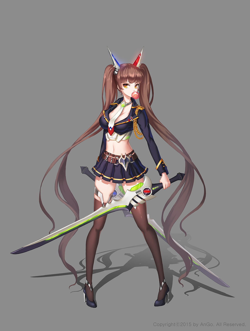 1girl, absurdly_long_hair, ango, brown_eyes, brown_hair, bubble_blowing, crop_top, dual_wielding