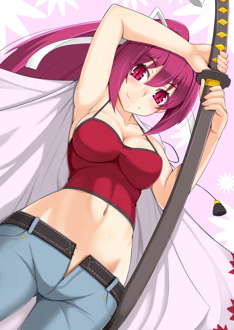 1girl, alfort_(may0508), blush, collarbone, denim, hair_ribbon, high_ponytail, jeans