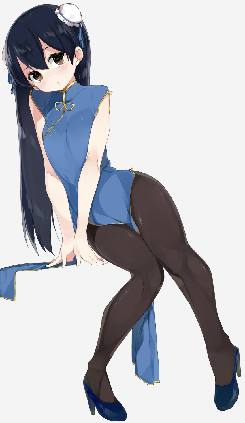 absurdres, black_hair, brown_eyes, china_dress, chinese_clothes, double_bun, dress, hair_bun, high_heels, highres, kayahara_(kayaka), knees_together_feet_apart, long_hair, love_live!_school_idol_project, pantyhose, shoes, sitting, sonoda_umi