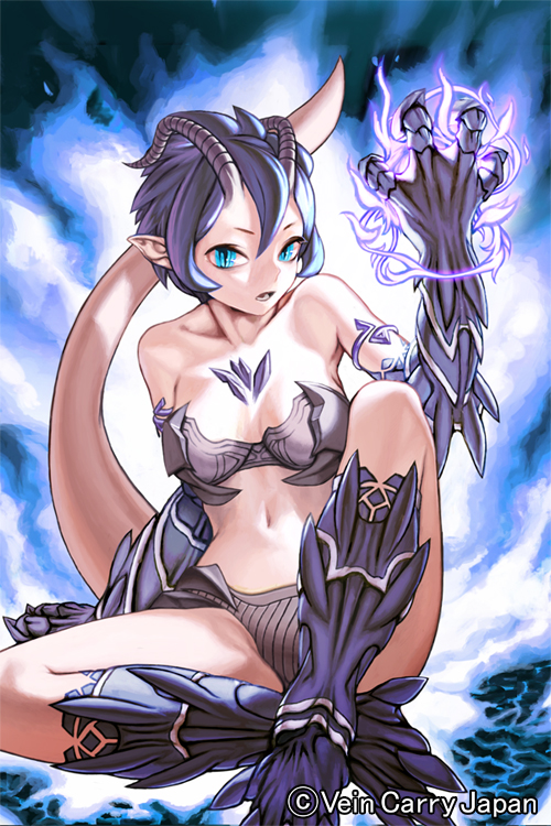 1girl, blue_eyes, breasts, company_name, horns, kumio34, midriff, navel