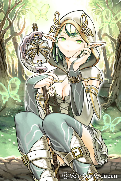 1girl, :o, belt, breasts, bridal_gauntlets, butterfly, cleavage, company_name