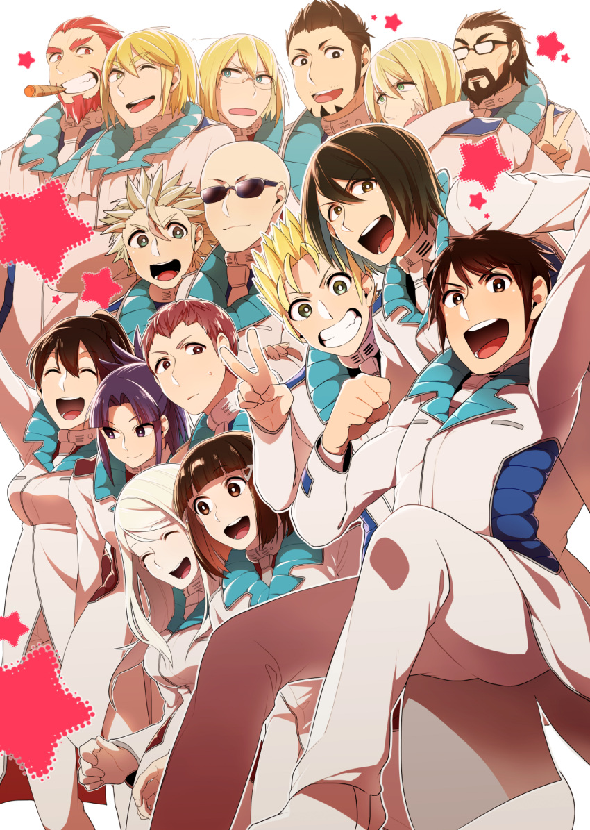 6+boys, 6+girls, adolf_reinhardt, alex_kandley_stewart, alexander_asimov, beard, black_hair, blonde_hair, electricity, eva_frost, facial_hair, glasses, highres, hizamaru_akari, ivan_perepelkin, joseph_gustav_newton, komachi_shoukichi, liu_yiwu, long_hair, maguro_(ma-glo), marcos_eringrad_garcia, michelle_k._davis, multiple_boys, multiple_girls, onizuka_keiji, redhead, sanjou_kanako, scar, sheila_levitt, short_hair, sunglasses, sylvester_asimov, terra_formars, uniform, v, yanasegawa_yaeko