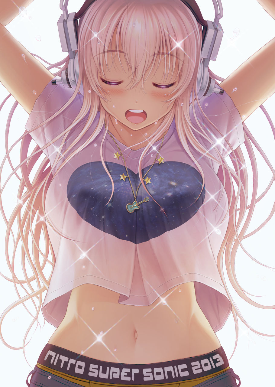 1girl, blush, breasts, closed_eyes, clothes_writing, dripping, headphones, highres