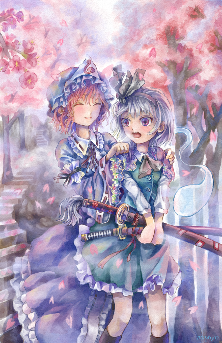 2girls, capelet, cherry_blossoms, closed_eyes, hair_ribbon, hands_on_another's_shoulders, highres, japanese_clothes