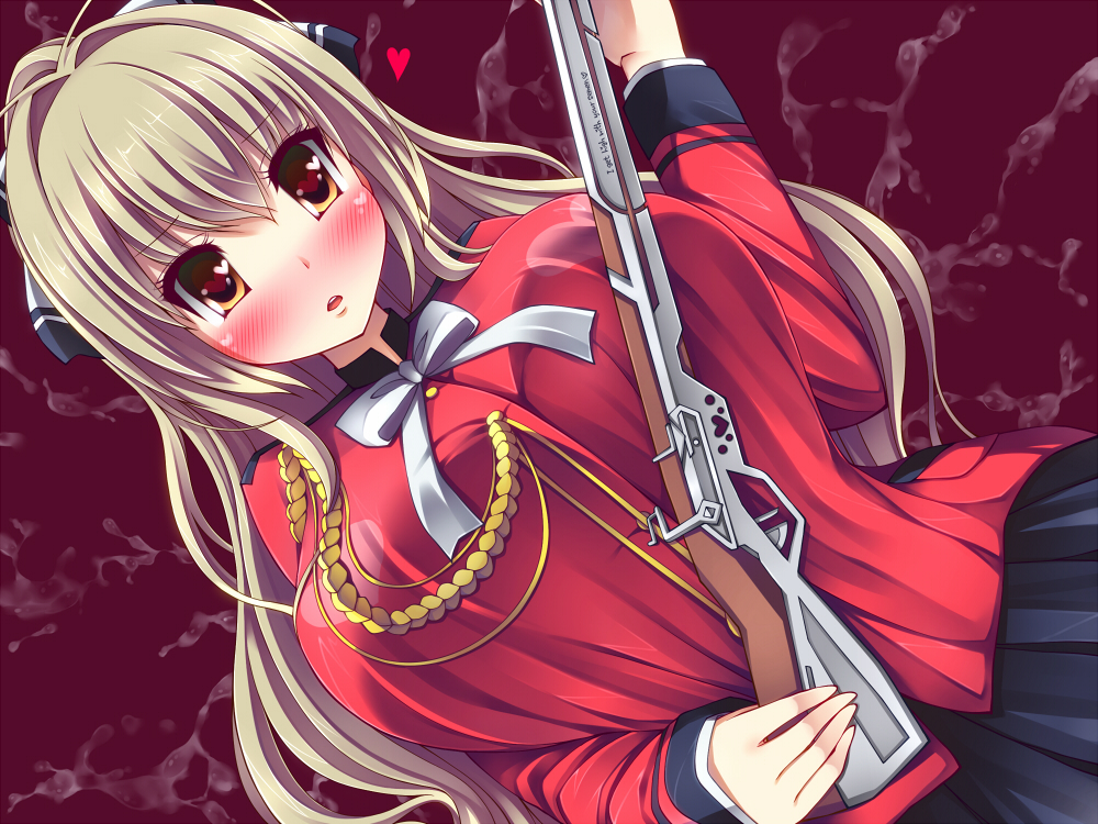 1girl, amagi_brilliant_park, blonde_hair, blush, breasts, brown_eyes, gun, heart