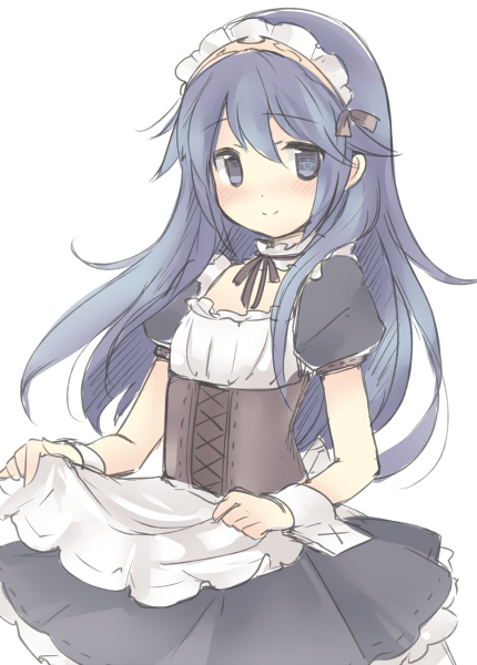 1girl, alternate_costume, apron, blue_eyes, blue_hair, blush, ebi_shamo, fire_emblem