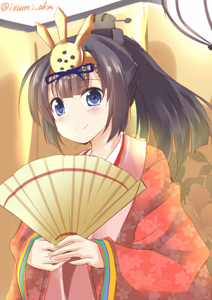 1girl, akizuki_(kantai_collection), black_hair, blue_eyes, fan, hina_ningyou, hinamatsuri, izumi_akane, japanese_clothes, kantai_collection, kimono, ponytail