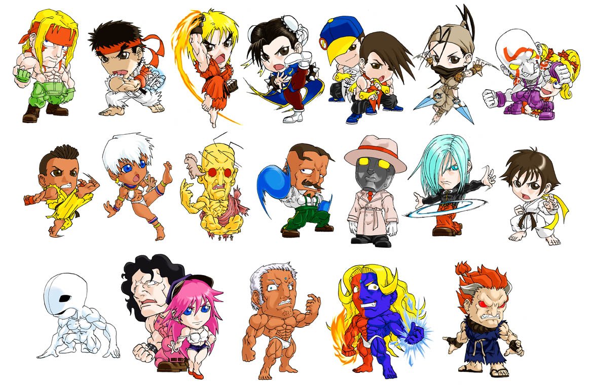 6+boys, 6+girls, alex_(street_fighter), artist_request, brothers, chibi, chun-li, commentary_request
