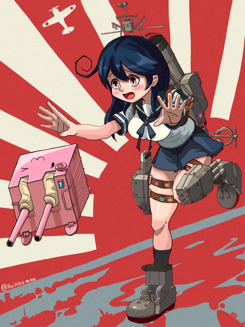 1girl, ahoge, alex_ahad_(style), hai_to_hickory, highres, kantai_collection, machinery, rising_sun
