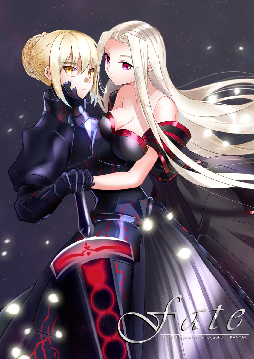 2girls, armor, armored_dress, bare_shoulders, blonde_hair, breasts, cleavage, dark_excalibur