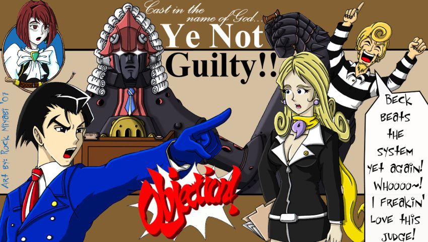 angel_(big_o), ayasato_chihiro_(cosplay), big_o_(mecha), capcom, crossover, dorothy_wayneright, gavel, gyakuten_saiban, jason_beck, karuma_mei, mecha, multiple_boys, multiple_girls, naruhodou_ryuuichi_(cosplay), roger_smith, the_big_o, the_judge, wig, yahari_masashi_(cosplay)