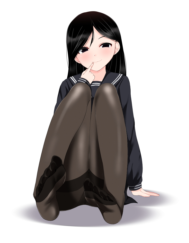 1girl, black_eyes, black_hair, blush, feet, finger_to_mouth, gagajya, long_hair
