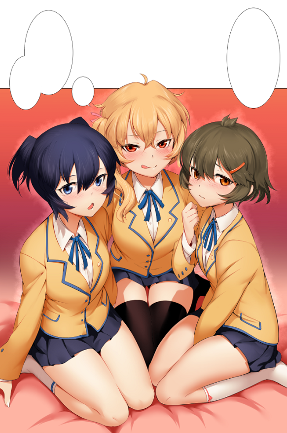 3girls, :p, black_hair, black_legwear, black_rock_shooter, blonde_hair, blue_eyes, brown_eyes