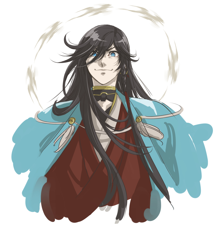 1boy, black_hair, blue_eyes, haori, izumi-no-kami_kanesada, japanese_clothes, long_hair, solo