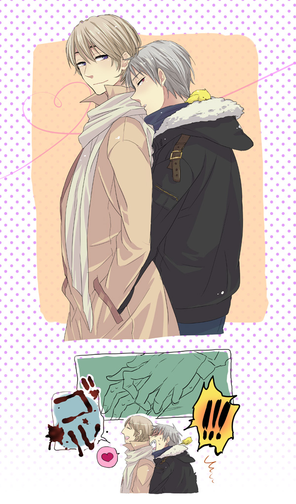 !!, 2boys, blonde_hair, blush, coat, grey_eyes, heart, heart_of_string