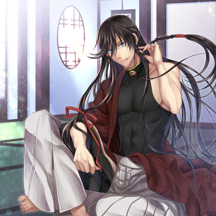1boy, bangs, barefoot, black_hair, blue_eyes, braid, hakama, highres