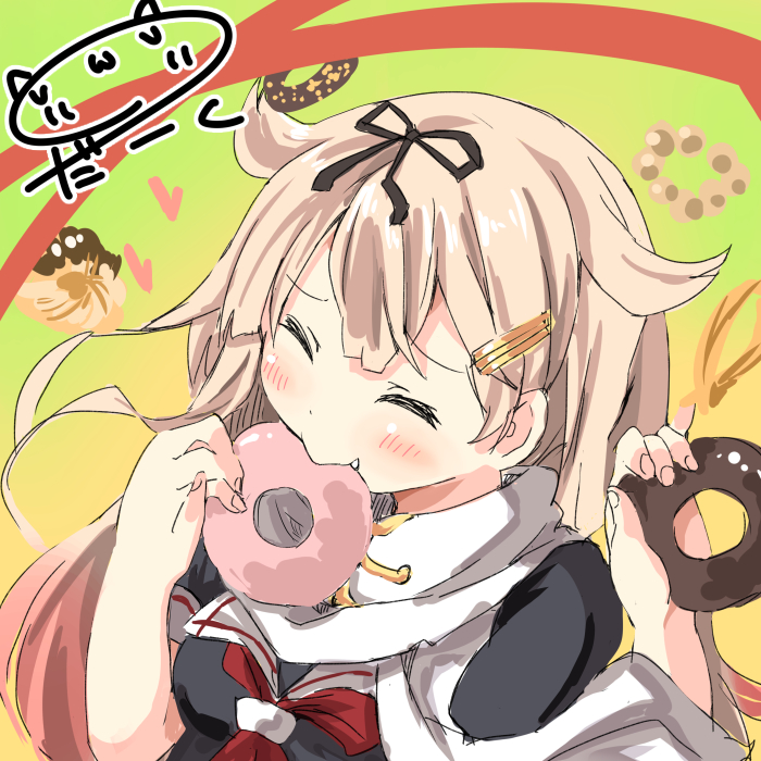 1girl, ^_^, blonde_hair, closed_eyes, darkside, doughnut, eating, hair_ornament