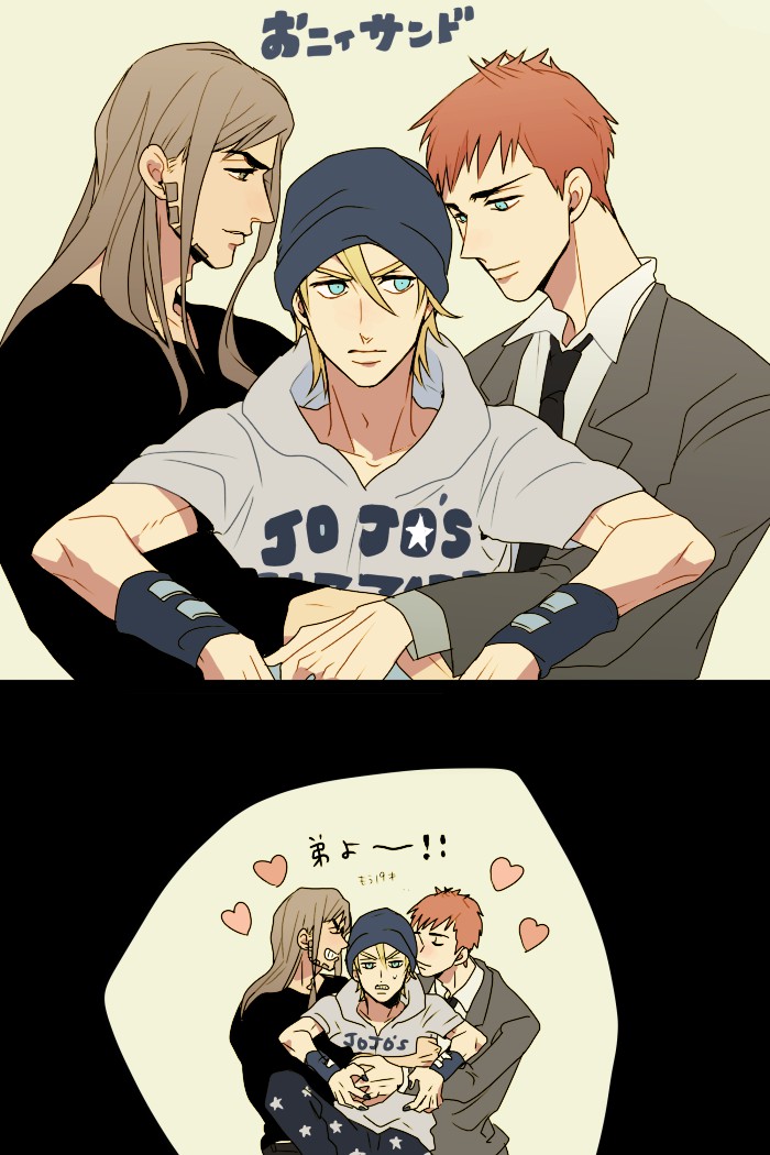 3boys, blonde_hair, brown_hair, gyro_zeppeli, hug, johnny_joestar, jojo_no_kimyou_na_bouken, mizota_(rovel)