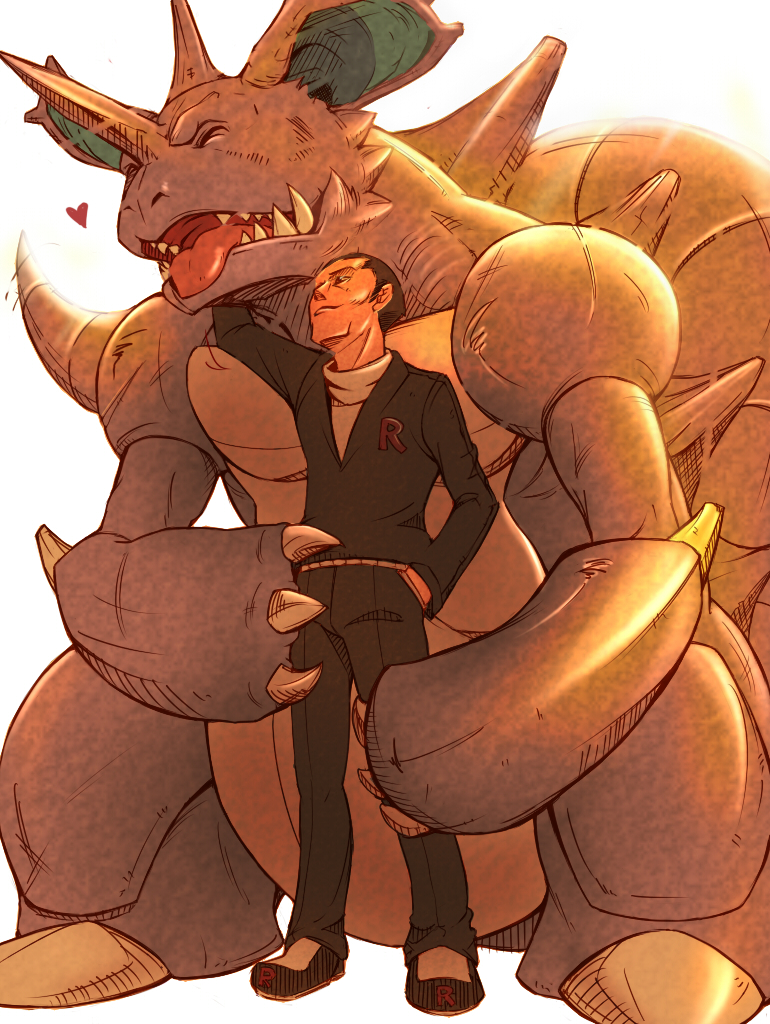 claws, closed_eyes, gym_leader, heart, horns, hug, inubiko, male, multiple_boys, nidoking, pet, pokemon, pokemon_(creature), sakaki_(pokemon), sharp_teeth, short_hair, spikes, tail, tail_wagging, team_rocket, teeth, tongue