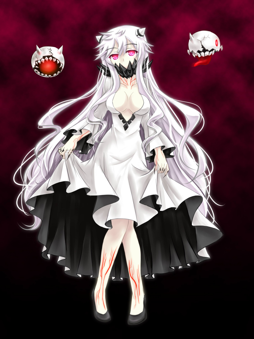 1girl, breasts, cleavage, covered_mouth, dress, dress_lift, highres, horns, kantai_collection, kiryu264, long_hair, looking_at_viewer, midway_hime, pink_eyes, shinkaisei-kan, solo, very_long_hair, white_dress, white_hair, white_skin