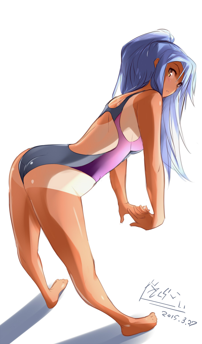 1girl, aoki_hagane_no_arpeggio, arpeggio_of_blue_steel, ass, bent_over, blue_eyes, blue_hair, competition_swimsuit