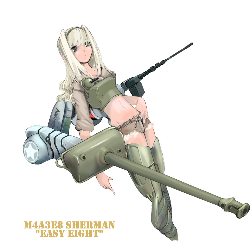 1girl, aqua_eyes, blonde_hair, character_name, crop_top, cutoffs, gun, hand_on_hip