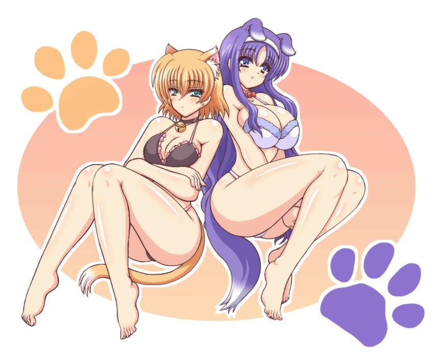 2girls, :<, animal_ears, arisa_bannings, bare_shoulders, bell, bell_collar, bikini, blonde_hair, blue_eyes, blush, breasts, cat_ears, cat_tail, cleavage, collar, crossed_arms, dog_ears, dog_tail, earrings, frilled_bikini, frills, hairband, jewelry, kano-0724, kemonomimi_mode, large_breasts, long_hair, lyrical_nanoha, mahou_shoujo_lyrical_nanoha_strikers, multiple_girls, paw_print, purple_hair, shiny, shiny_hair, shiny_skin, short_hair, smile, swimsuit, tail, tsukimura_suzuka, violet_eyes