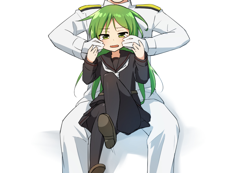 1boy, 1girl, admiral_(kantai_collection), black_legwear, black_serafuku, black_skirt, cheek_pinching, gloves