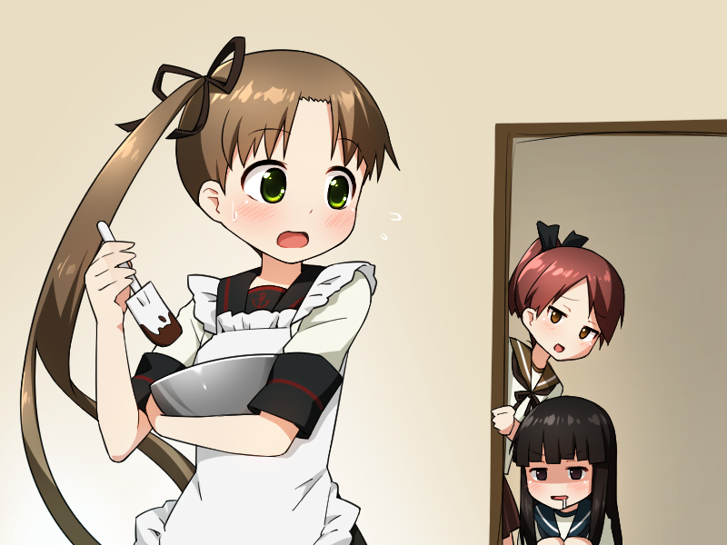 3girls, ayanami_(kantai_collection), bangs, black_hair, blunt_bangs, blush, brown_hair, chocolate_making