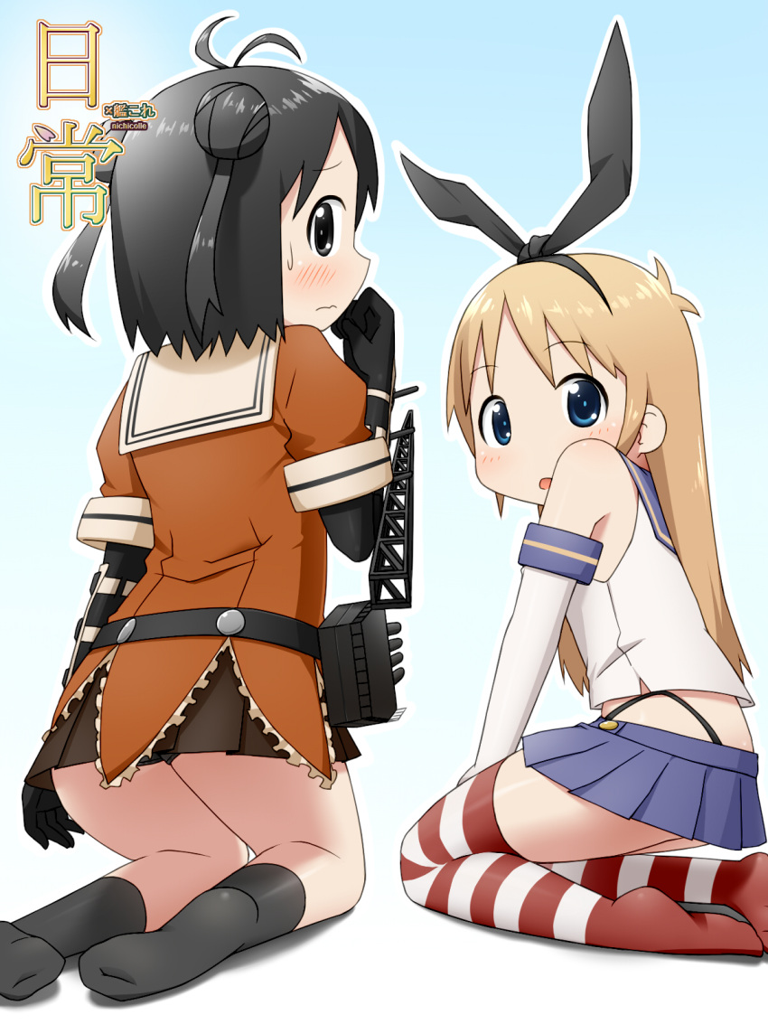 2girls, antenna_hair, black_eyes, black_hair, blonde_hair, blue_eyes, blush, double_bun, elbow_gloves, gloves, hair_ribbon, highres, looking_at_viewer, machinery, midriff, mikakeha, multiple_girls, naka_(kantai_collection), naka_(kantai_collection)_(cosplay), nichijou, open_mouth, parody, professor_shinonome, ribbon, shimakaze_(kantai_collection), shimakaze_(kantai_collection)_(cosplay), shinonome_nano, striped, striped_legwear, sweatdrop, thigh-highs, wavy_mouth