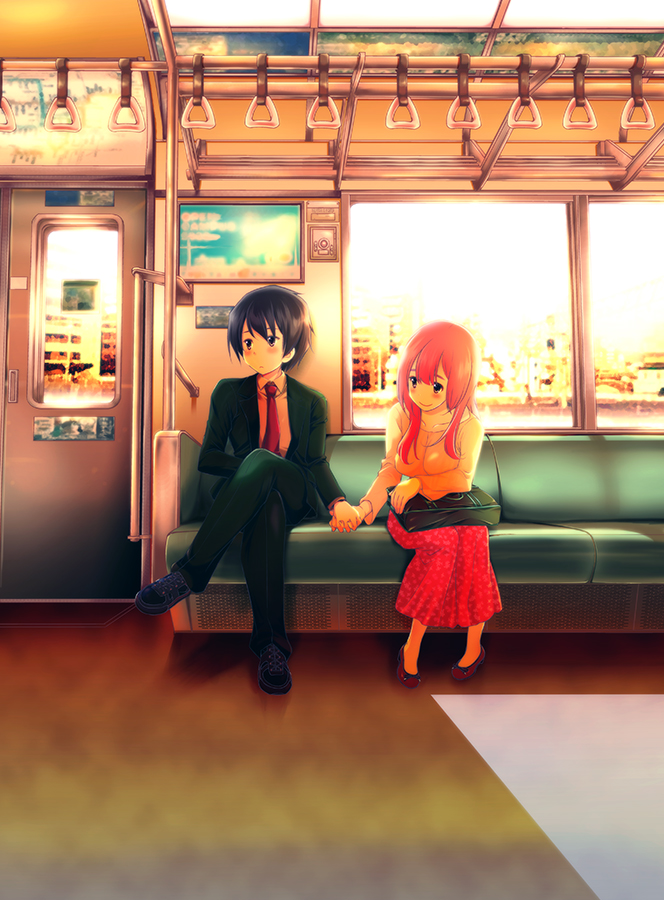 1boy, 1girl, black_hair, brown_eyes, crossed_legs, formal, holding_hands, long_hair, necktie, official_art, pink_hair, re:marina, seguchi_takahiro, shoes, sitting, skirt, smile, sneakers, suit, train, train_interior