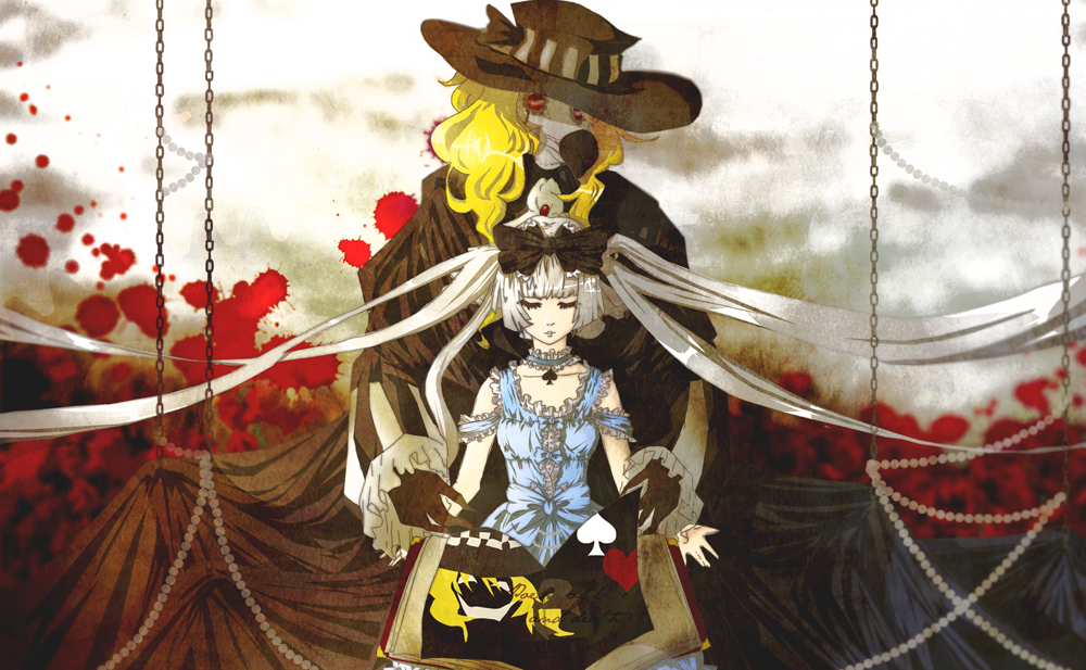 1boy, 1girl, black_dress, blonde_hair, blood, blood_splatter, blue_dress, book