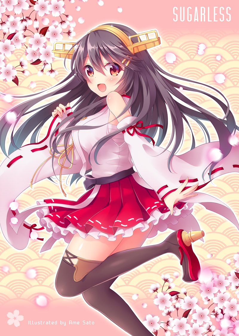 1girl, bare_shoulders, black_hair, detached_sleeves, hair_ornament, hairband, hairclip, haruna_(kantai_collection)
