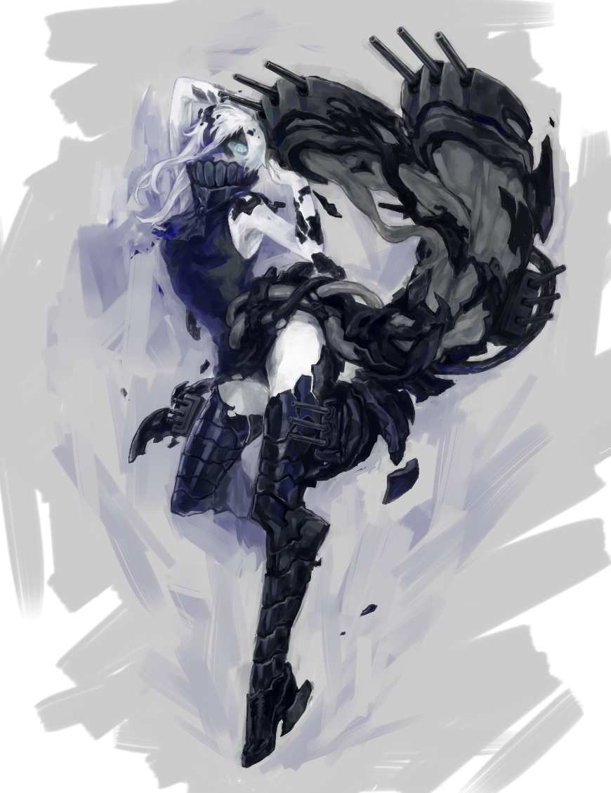 1girl, akesuke, ascot, asymmetrical_hair, black_dress, black_legwear, blue_eyes, debris, dress, forked_tail, full_body, kantai_collection, long_hair, ne-class_heavy_cruiser, shinkaisei-kan, short_dress, solo, tail, thigh-highs, torn_clothes, torn_dress, turret, white_hair, white_skin