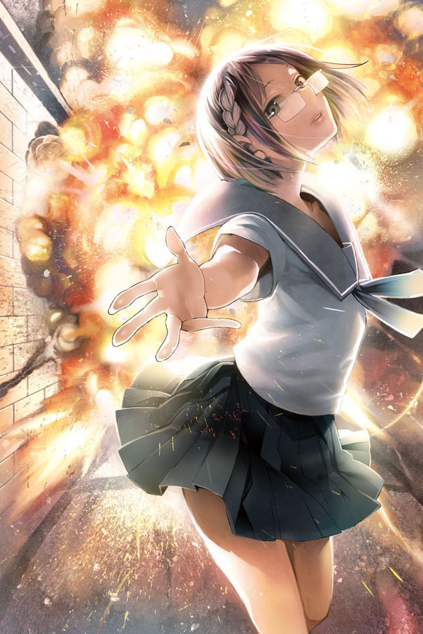 1girl, bad_id, bad_pixiv_id, braid, brown_eyes, brown_hair, chio-chan_no_tsuugakuro, explosion